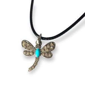 Rhinestone dragonfly necklace, waxed black cotton cord